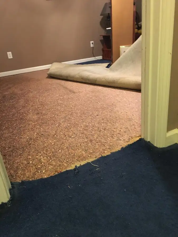 Carpet pad removal revealing water damage during Water Mitigation Services in San Fernando